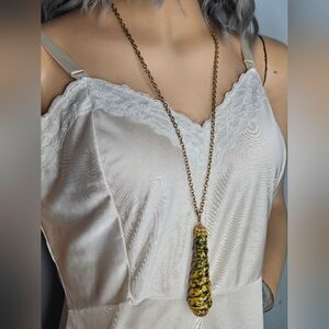 Vintage Gold and Black Spiral Ceramic Pendant on Gold Tone Chain 15" Drop